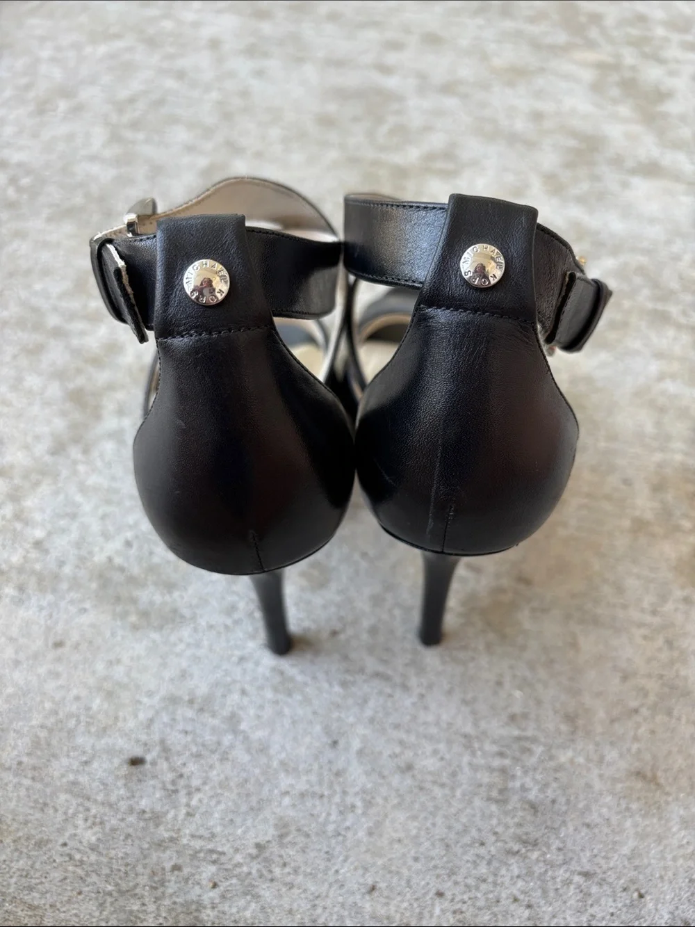 MICHAEL Michael Kors Evie Platform Black Leather Strappy High Heel Sandals
